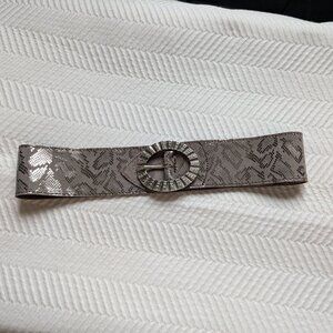 Metallic Snakeskin Embossed Wide Leather Belt Large Silver Buckle Rhinestone